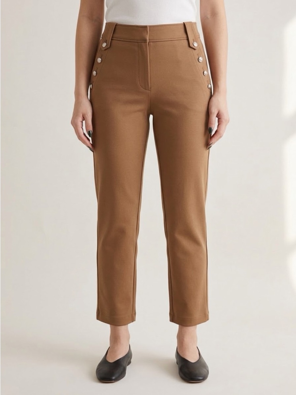 Quince Camel Button-Trim High-Rise Pants